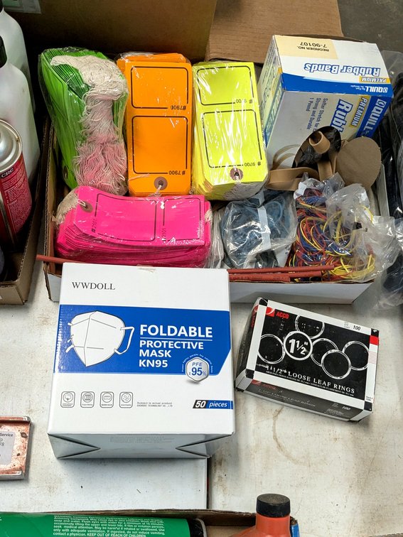Office supplies including rubberbands, tags, and more.