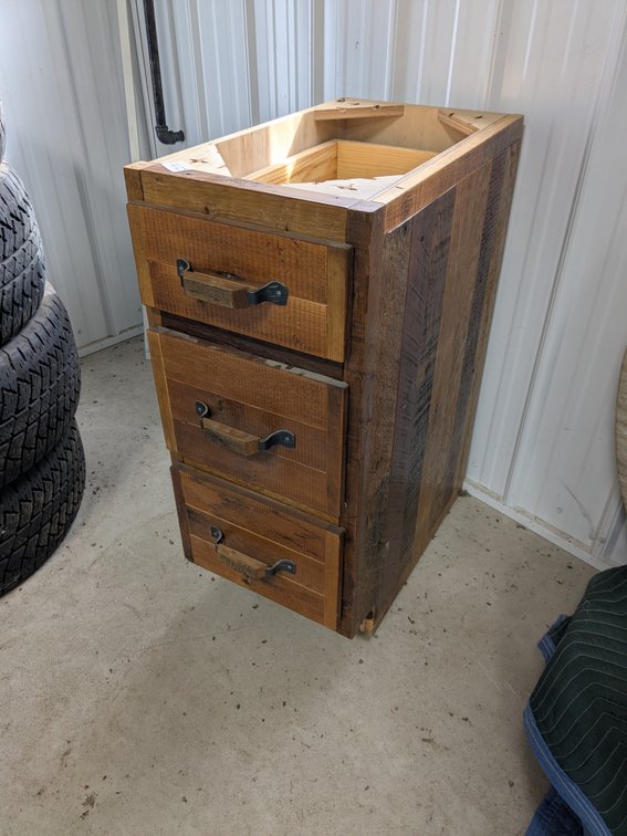 Beautiful rustic cabinet base unit measures 15" x 24" x 35" high.