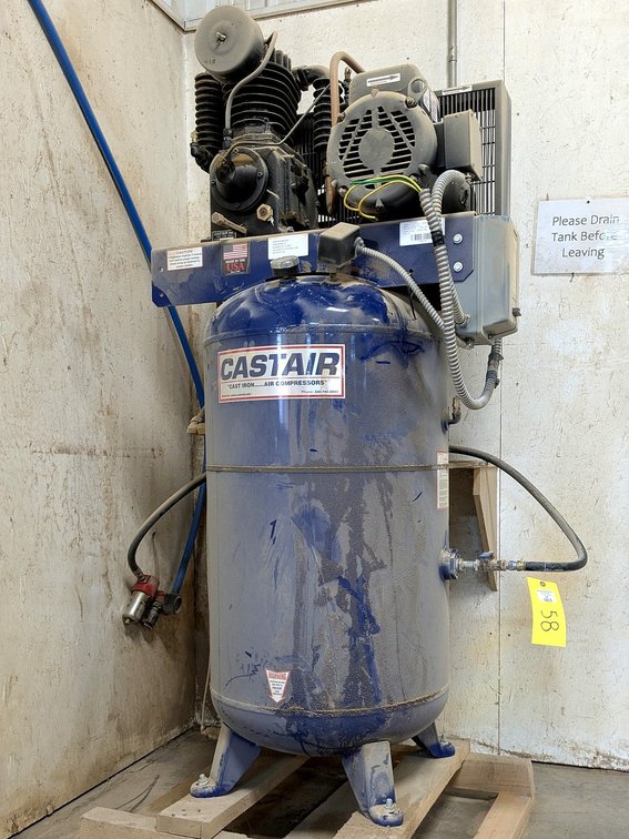 CastAir cast iron air compressor with an 80 gallon tank, 7.5 hp 230 volt motor and a dual cylinder p