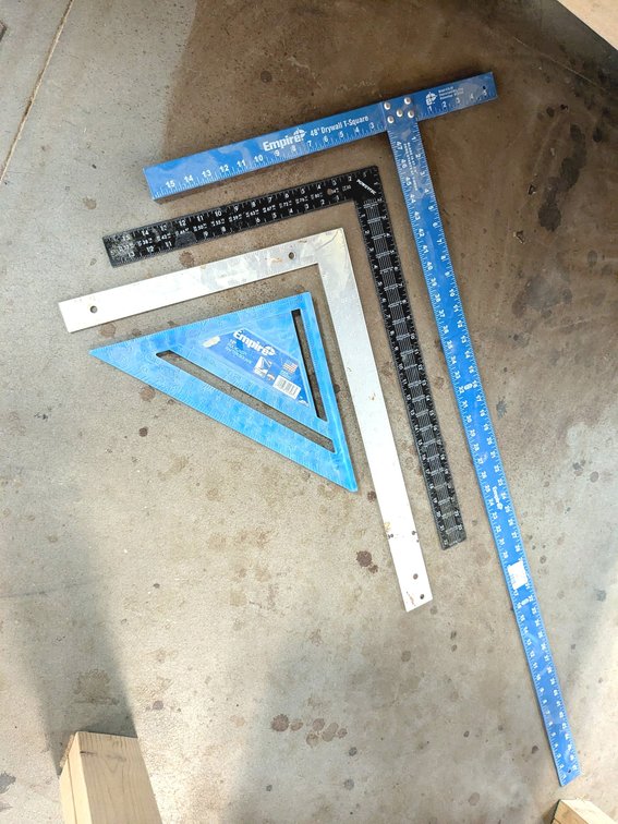 Empire 48" drywall T-square, Empire 12" Rafter square, Johnson aluminum carpenter's square, more.