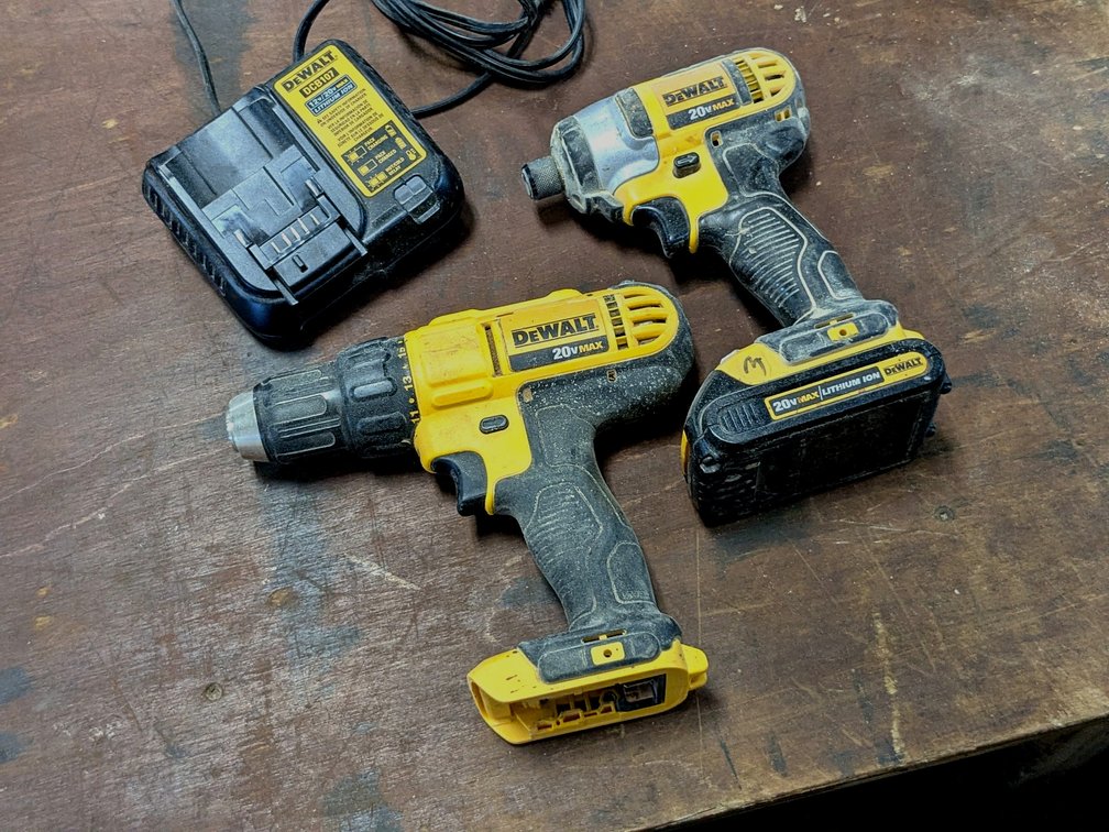 DeWalt DCF885 impact driver and DeWalt DCD771 drill driver with charger.