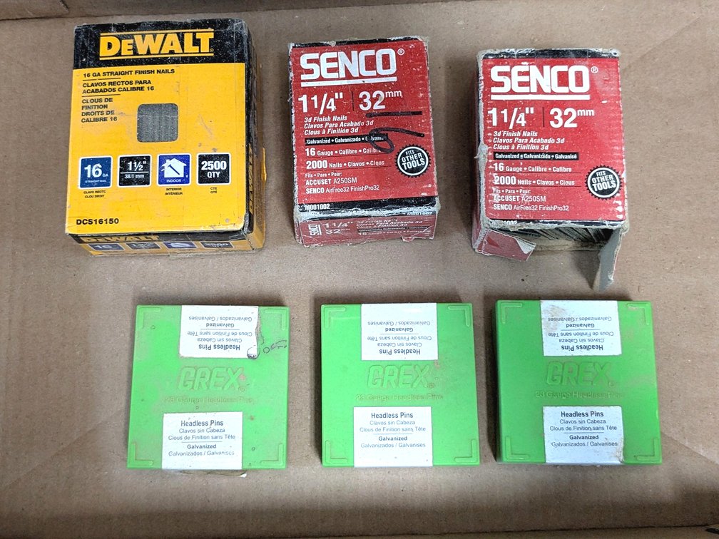 DeWalt, Grex, Senco fasteners incl. 16 gauge finish nails and 23 gauge headless pins.