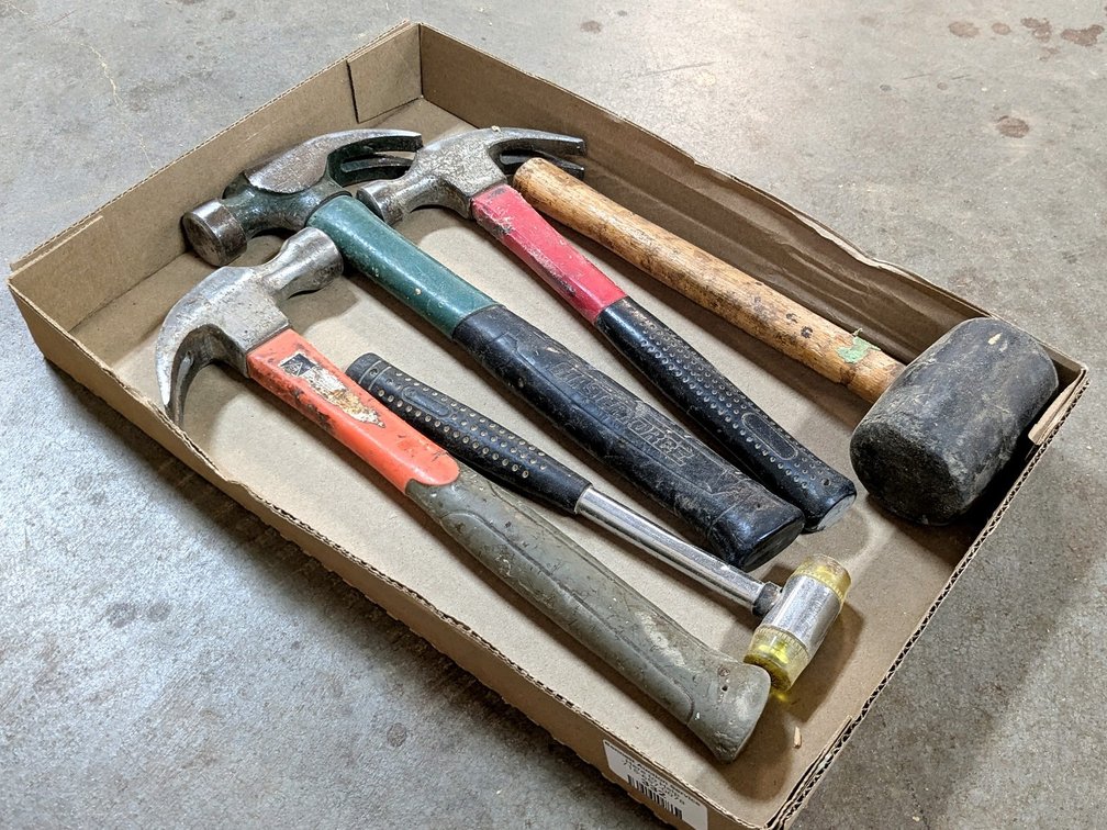 Claw hammers, soft blow hammers.  Largest is 13".