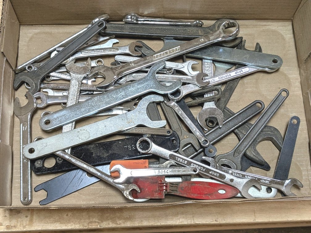 Craftsman and other open and box end wrenches up to 19mm.