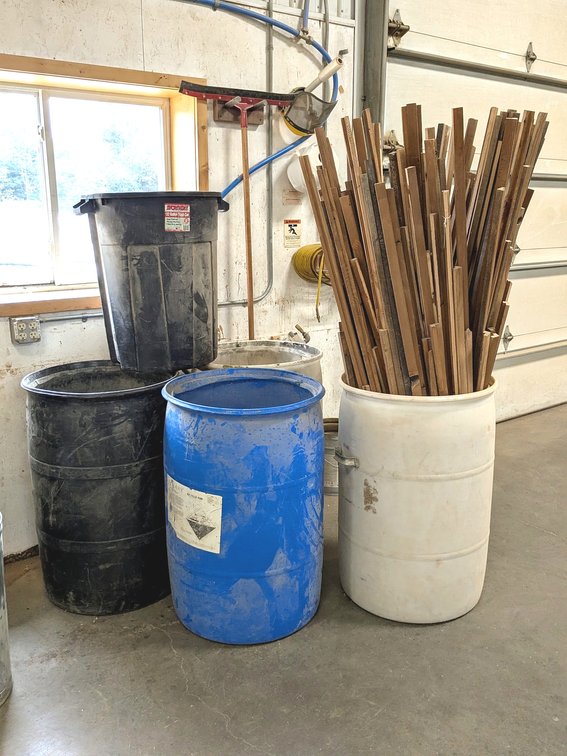 Four barrels all about 3' tall - one is filled with rustic corner trim pieces up to 6'.  Also comes