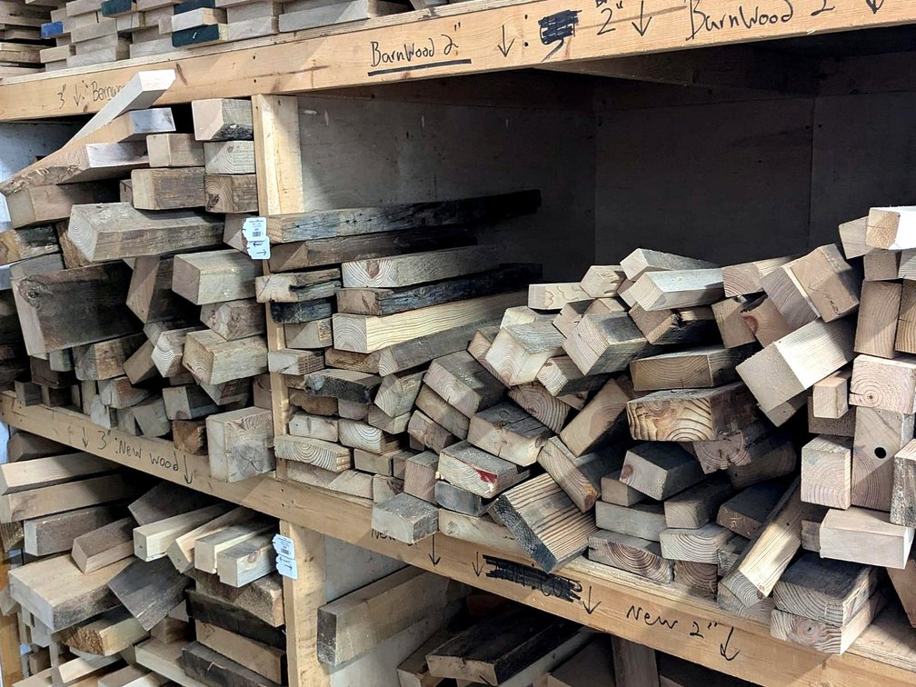 Rough sawn rustic wood pieces up to 7" wide and 3" thick and 4' long.