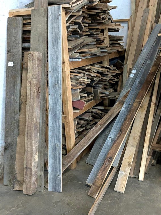 Rustic barn board pieces up to 10' long and 7" wide and 4" thick.