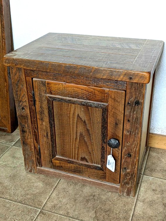 Rustic wooden side table cabinet, measures 21" tall.