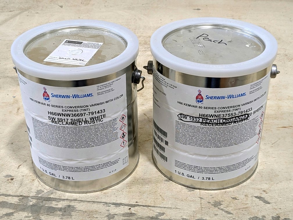 No shipping.  Sherwin Williams conversion varnish with color, including peach and white.