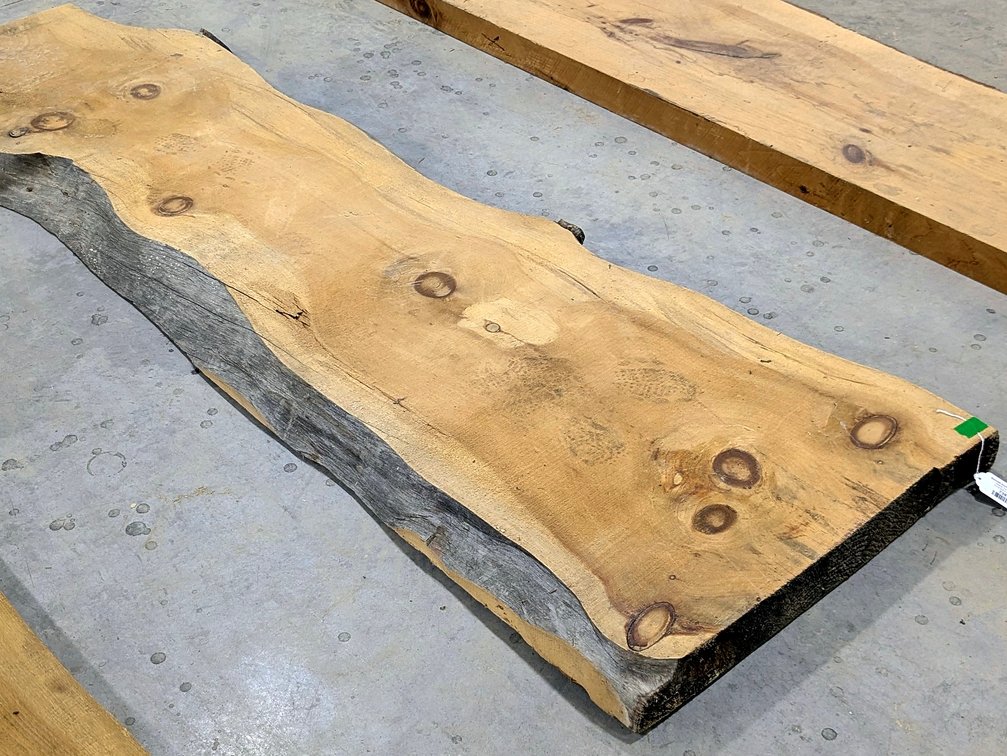Double sided live edge pine slab measures 80" x 26" x 3" thick.