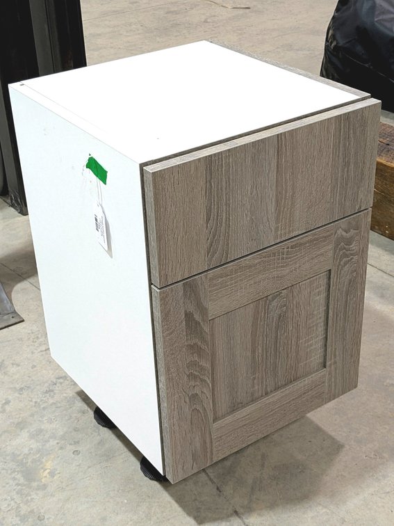 Contemporary end table or small cabinet measures 16" x 15" x 24" tall.