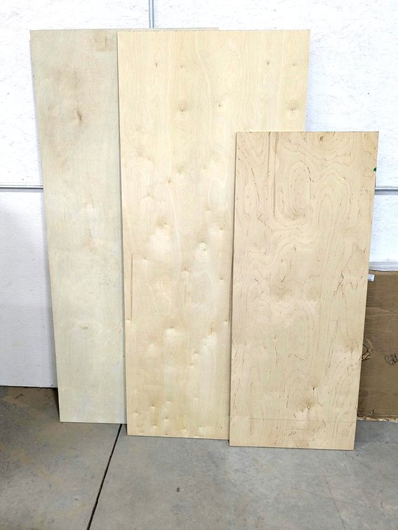 Cabinetry grade 1/2" plywood.  Largest sheet is 32" x 75".