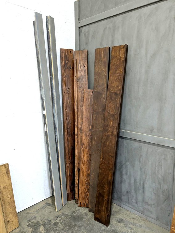 Rustic shelves up to 7' and most are 8" wide.  Great for open shelving.