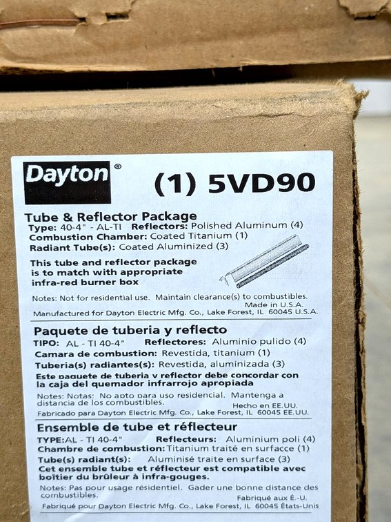 NIB Dayton propane infrared heater system is Model 5VD78A comes with the tube and reflector panels.