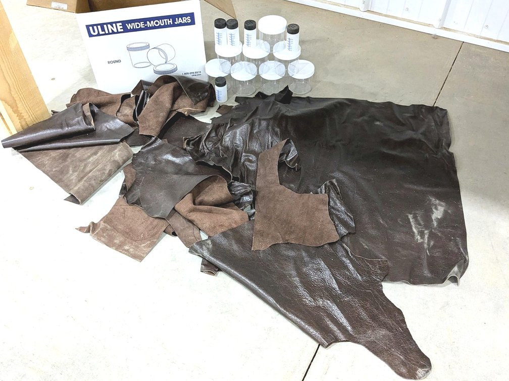 Carroll Leather upholstery scraps largest approx. 29" x 34" and comes with wide mouth jars for mixin