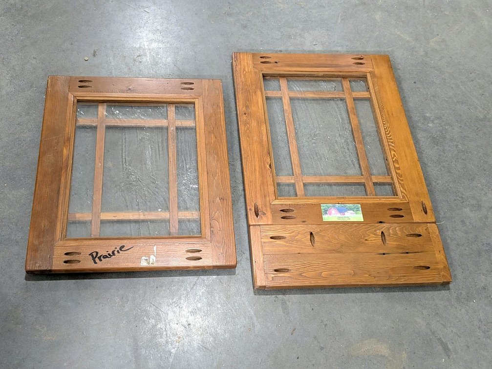 Rustic cabinet doors with wavy glass panels, largest is 28".