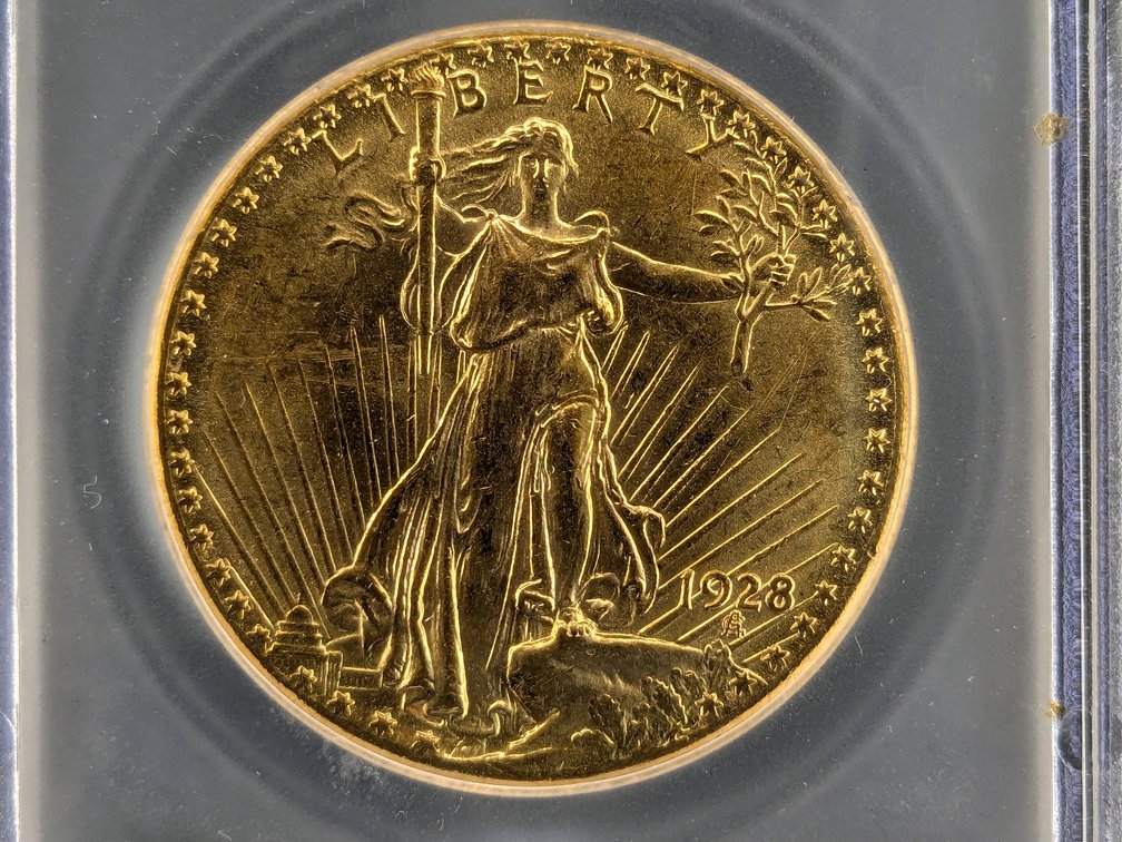 1928 $20 St. Gaudens gold coin has been slabbed and graded by ICG MS61.