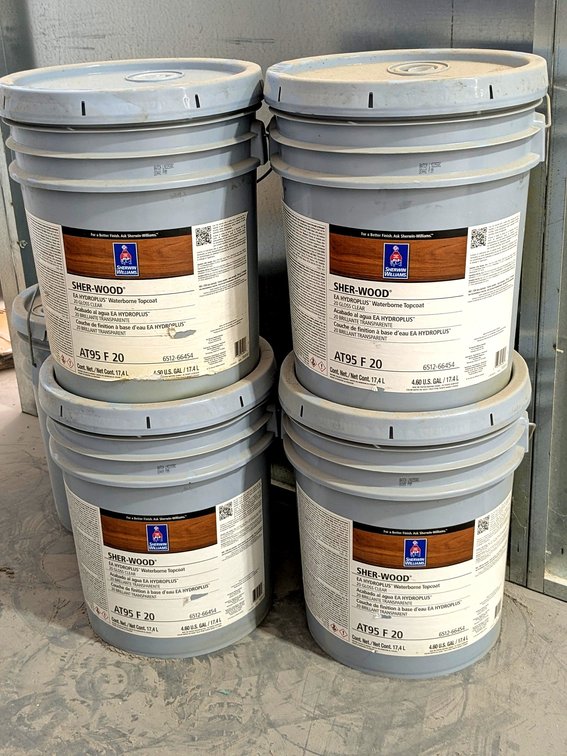 No shipping.  Four 5 gallon buckets of Sherwin Williams Waterborne top coat finish, plus a partial.  Four buckets ar