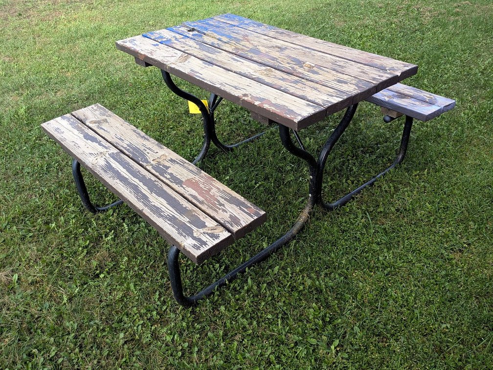 Picnic table, measures 4' long and has a sturdy steel frame.