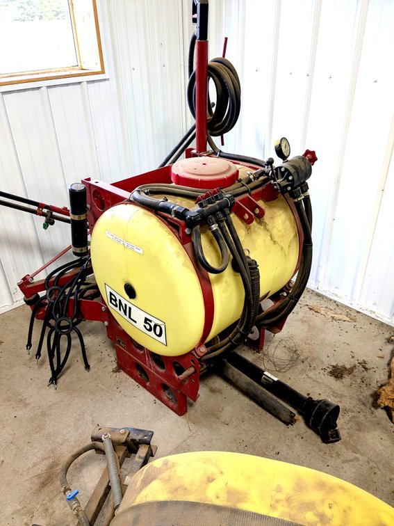 Hardi brand BNL 50 gallon sprayer with 11' arms, a wand attachment, and PTO shaft.