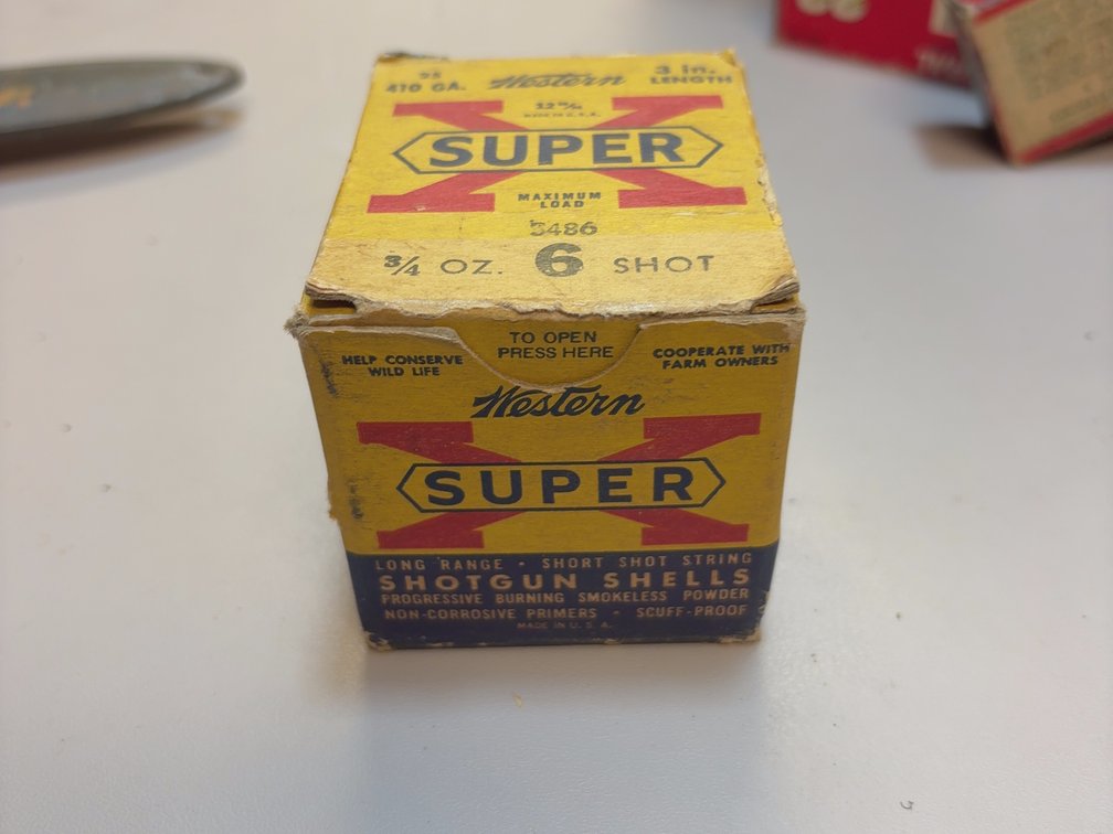 Vintage Western Super-X .410 gauge paper 3-inch shotgun shells in nice Box