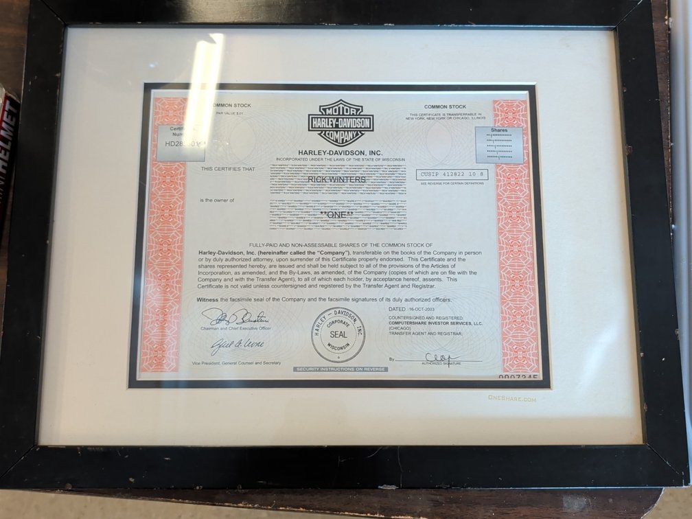 Harley Davidson Stock certificate- Rick Winters