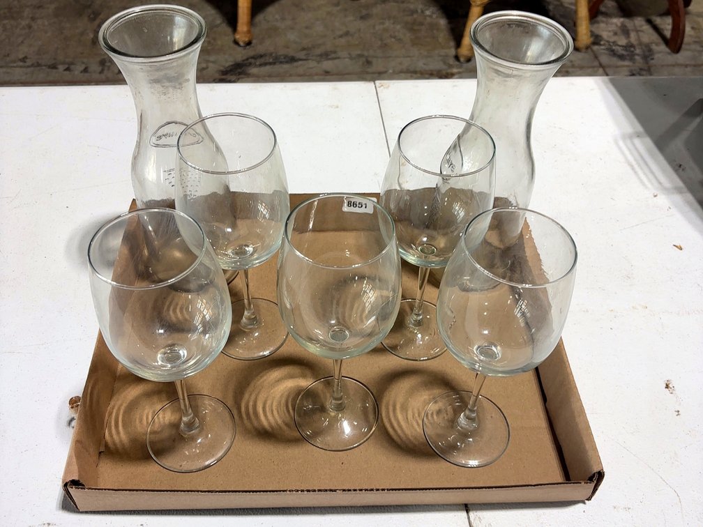 (2) one litre glass bottles (5) wine glasses