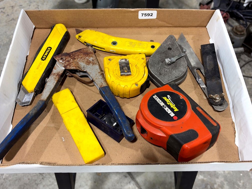 Flat Full Of Tape Measurers, Box Cutters & More
