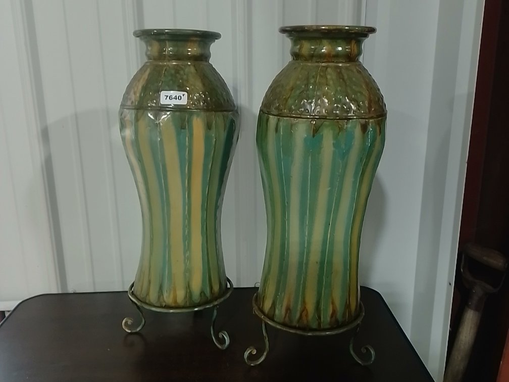 (2) Tall Vertically Ribbed Metal Accent Vases