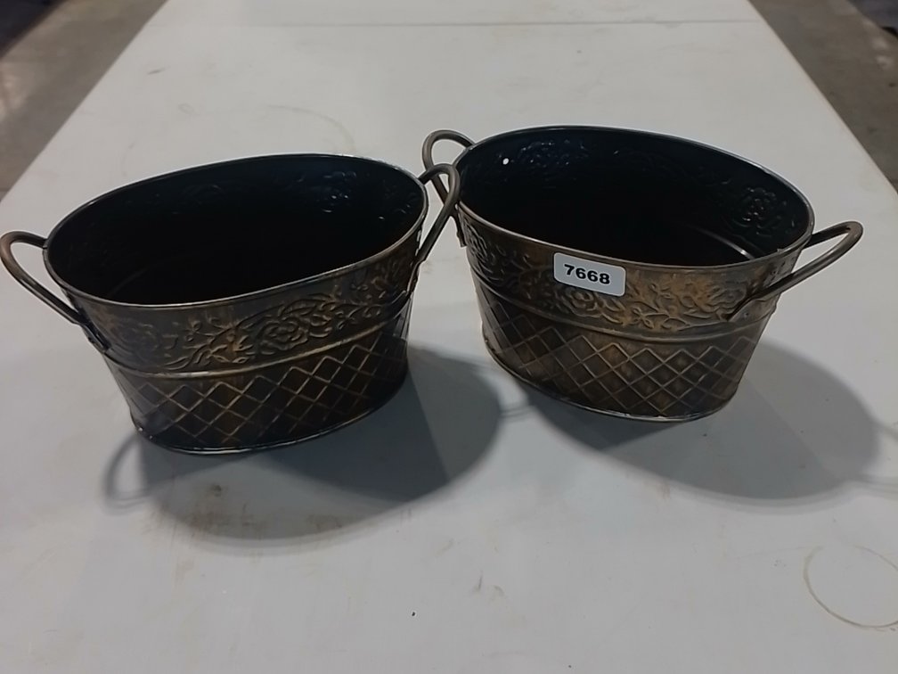(2) Rustic Embossed Oval Metal Planters