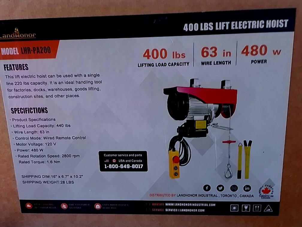 400 LBS Lift Electric Hoist LHR-PA200