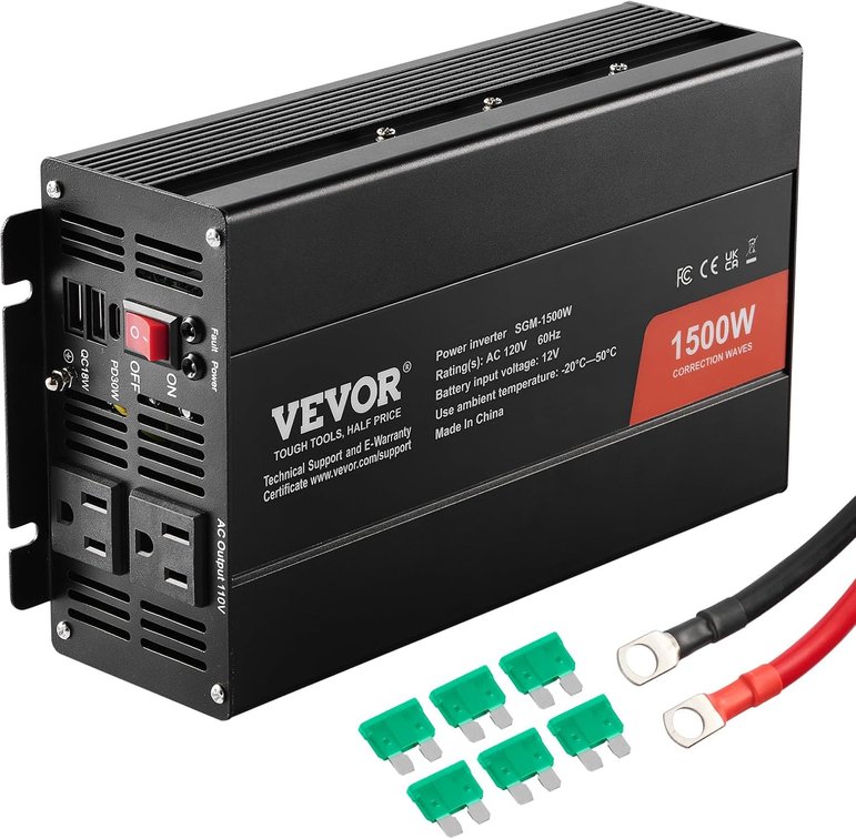 VEVOR 1500W Inverter, 12V-120V, 2 AC outlets, USB-C, 6 fuses