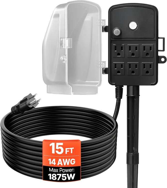 VEVOR Outdoor Power Stake, 15 ft Extension Cord, 6-Outlet