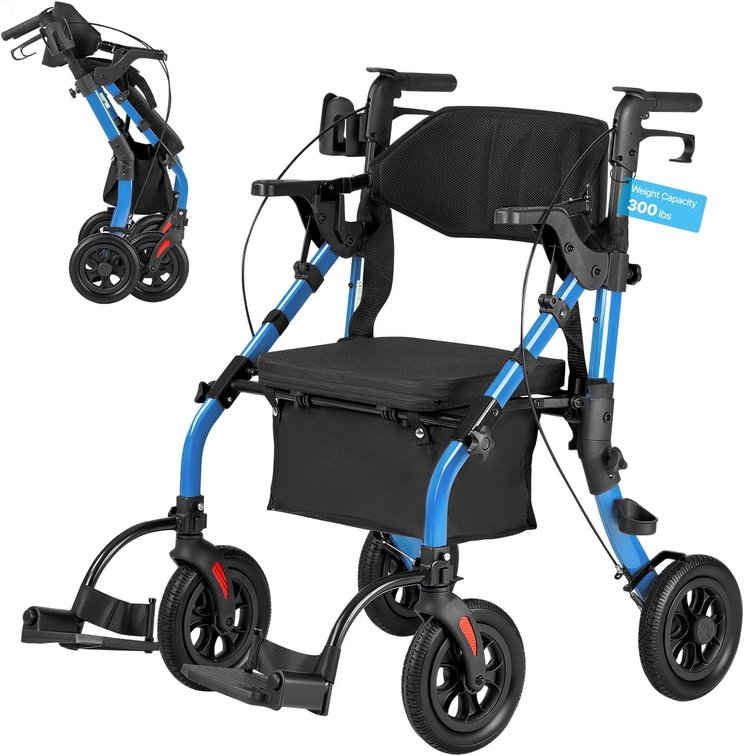 VEVOR 2-in-1 Rollator & Transport Chair, 300LB