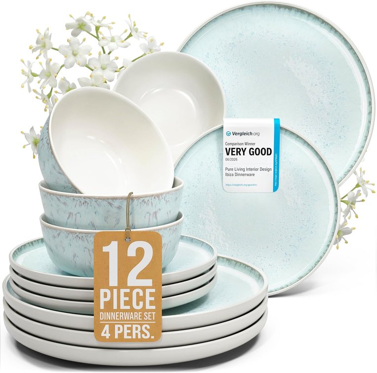 12-Piece Stoneware Dinnerware Set for 4, Plates & Bowls