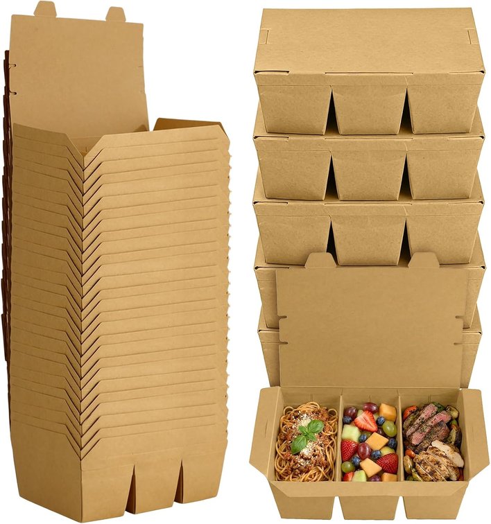 30 Pack 50 oz Paper To-Go Containers, 3-Comp Kraft Boxes