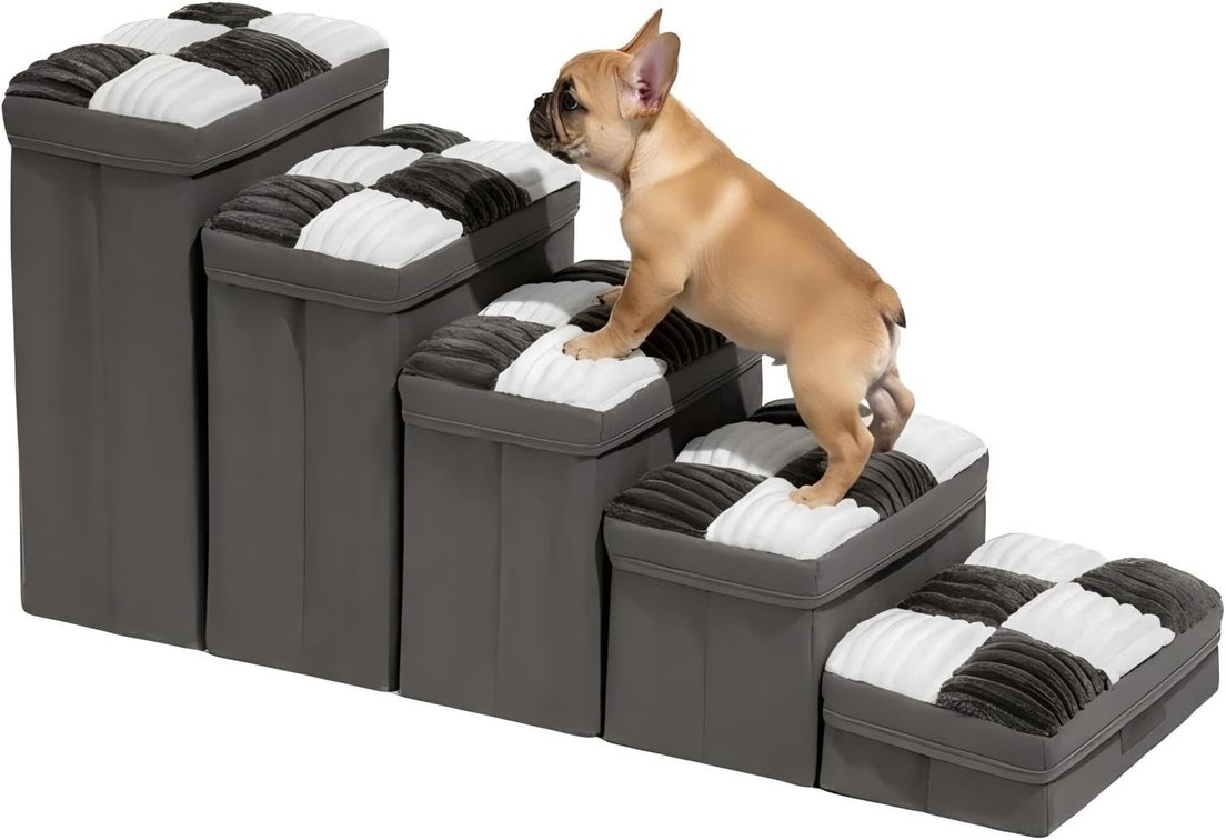 Dog Stairs with Storage, 5-Step Plaid Folding Grey