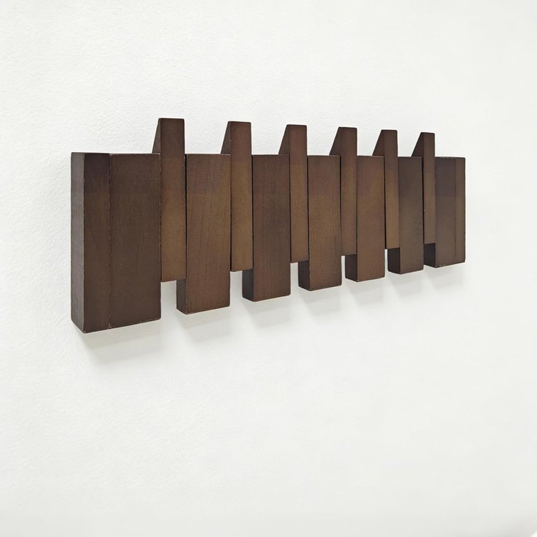 16.9" Wooden Piano Key Coat Rack, 6 Hooks, Natural Walnut