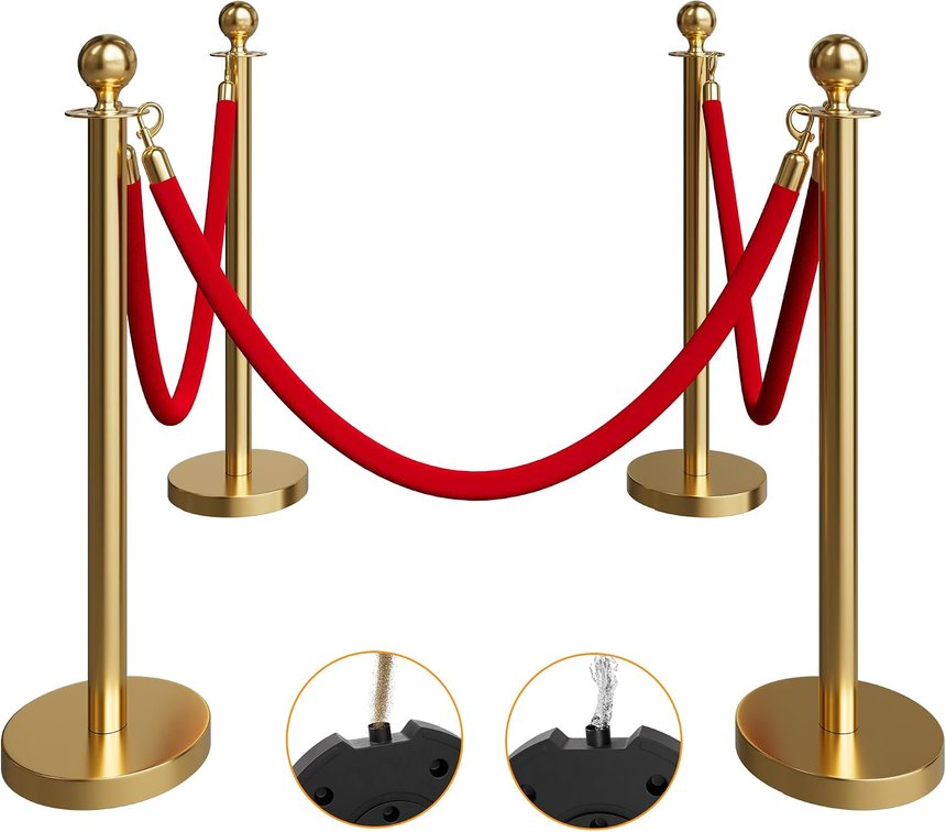 4 Pack Gold Stanchions & Velvet Ropes Set, Red Carpet Ropes