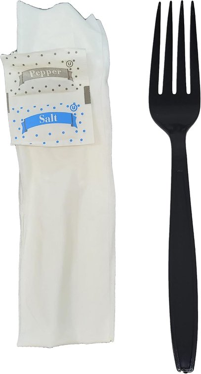 500 Kits Disposable Black Plastic Forks with Salt/Pepper