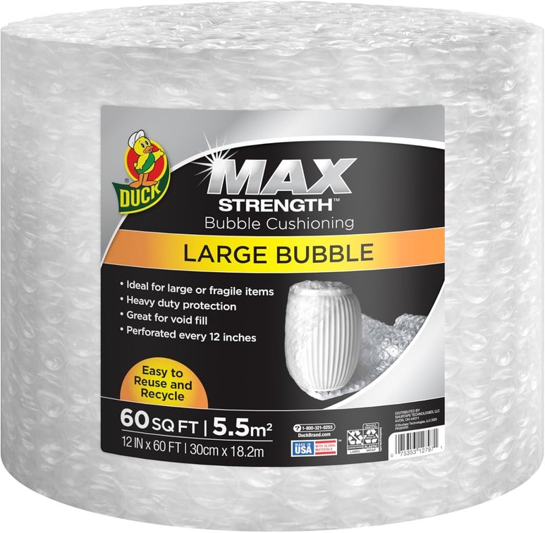 Duck Max Strength Bubble Cushioning Wrap, 60 ft Large Bubble