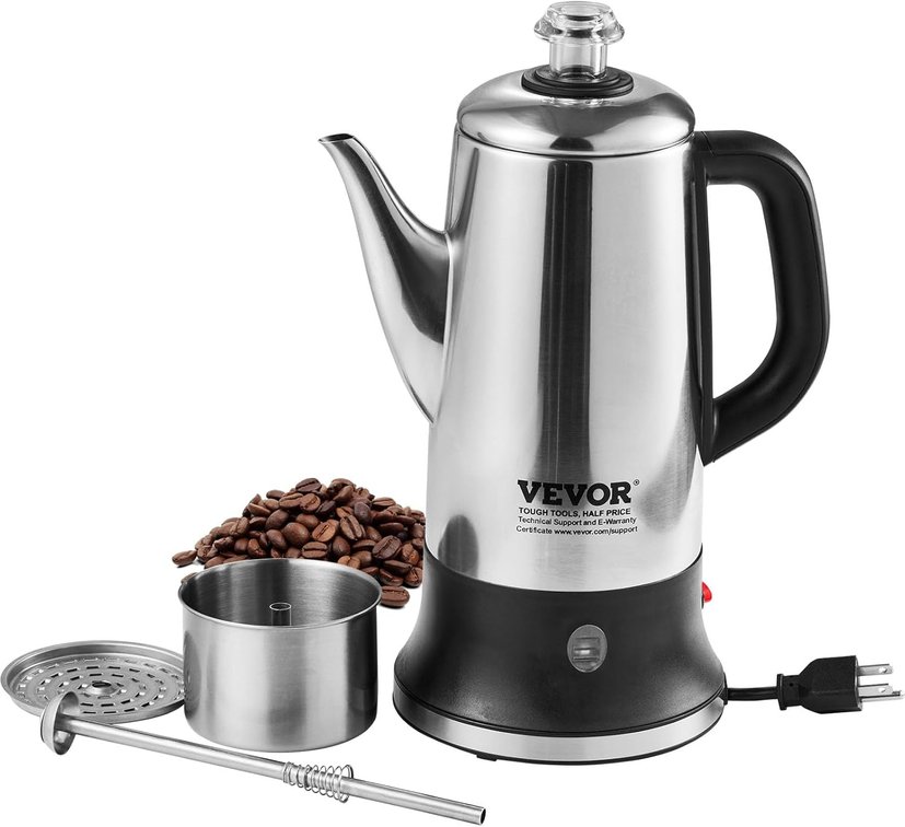 VEVOR 12-Cup Electric Percolator Coffee Pot, 304SS, Silver