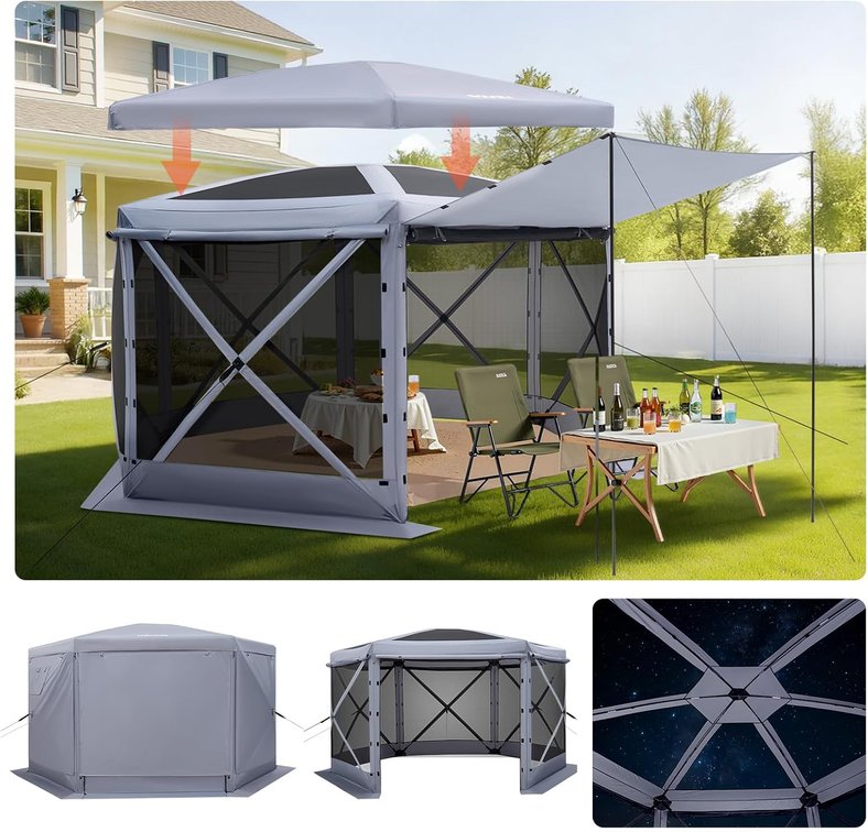 VEVOR Pop Up Gazebo Screen Tent 12x12 ft, 6-Sided, Grey