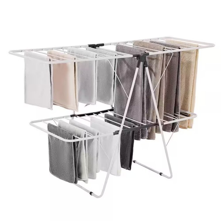 2-Tier Foldable Clothes Drying Rack with Sock Clips, White