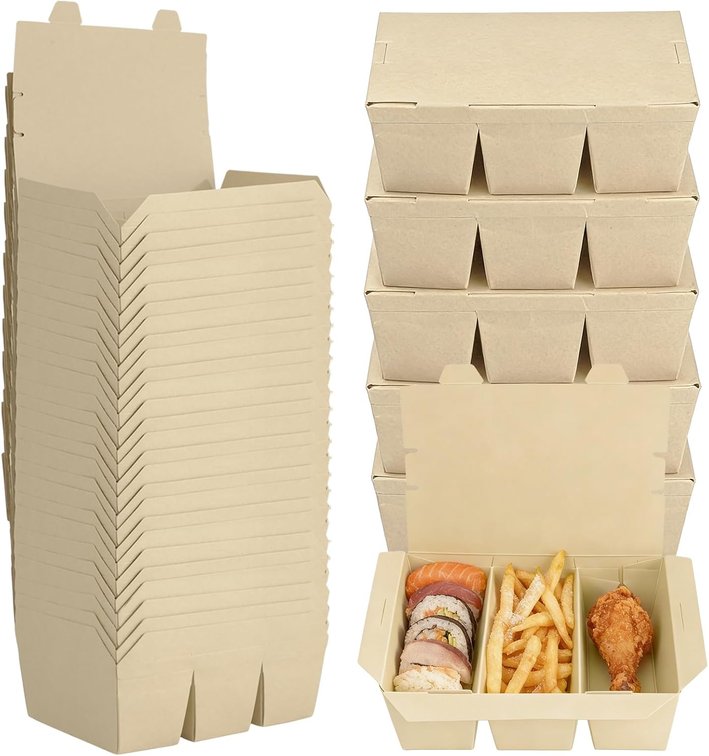60 Pack 50 oz Paper To-Go Containers, 3-Comp, Microwavable