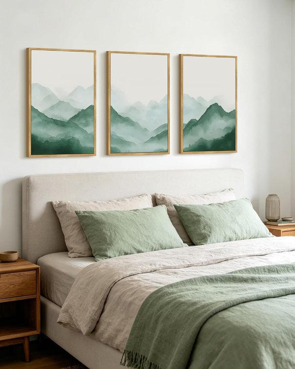PHOPAGO Green Watercolor Fog Mountains Framed Wall Art 16x24in