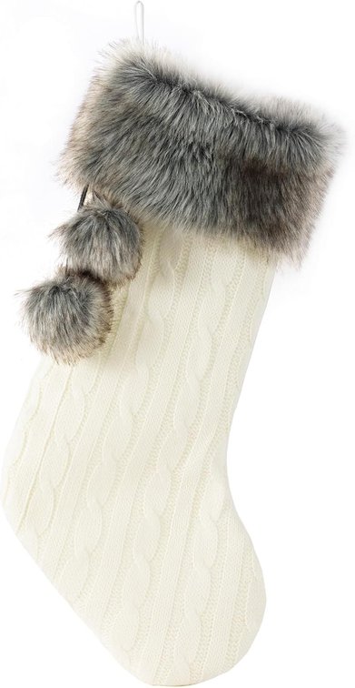 Cable Knit Christmas Stockings with Faux Fur Cuff, Ivory