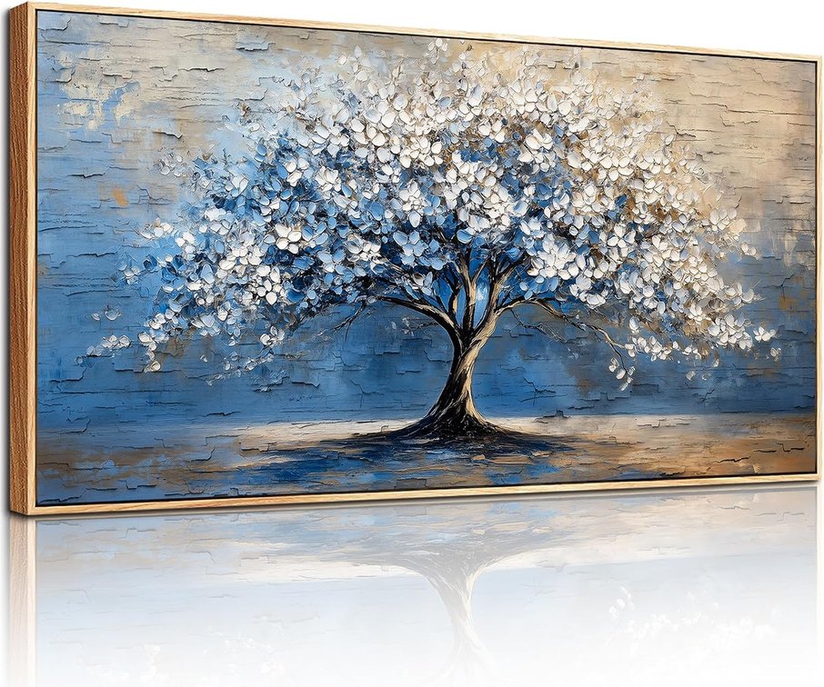 2pk SERIMINO Blue Tree Framed Wall Decor, Cherry Blossom 24"X48"