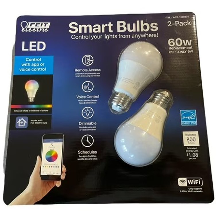FEIT Electric 2-Pack Color WiFi Smart LED Light Bulbs 60W