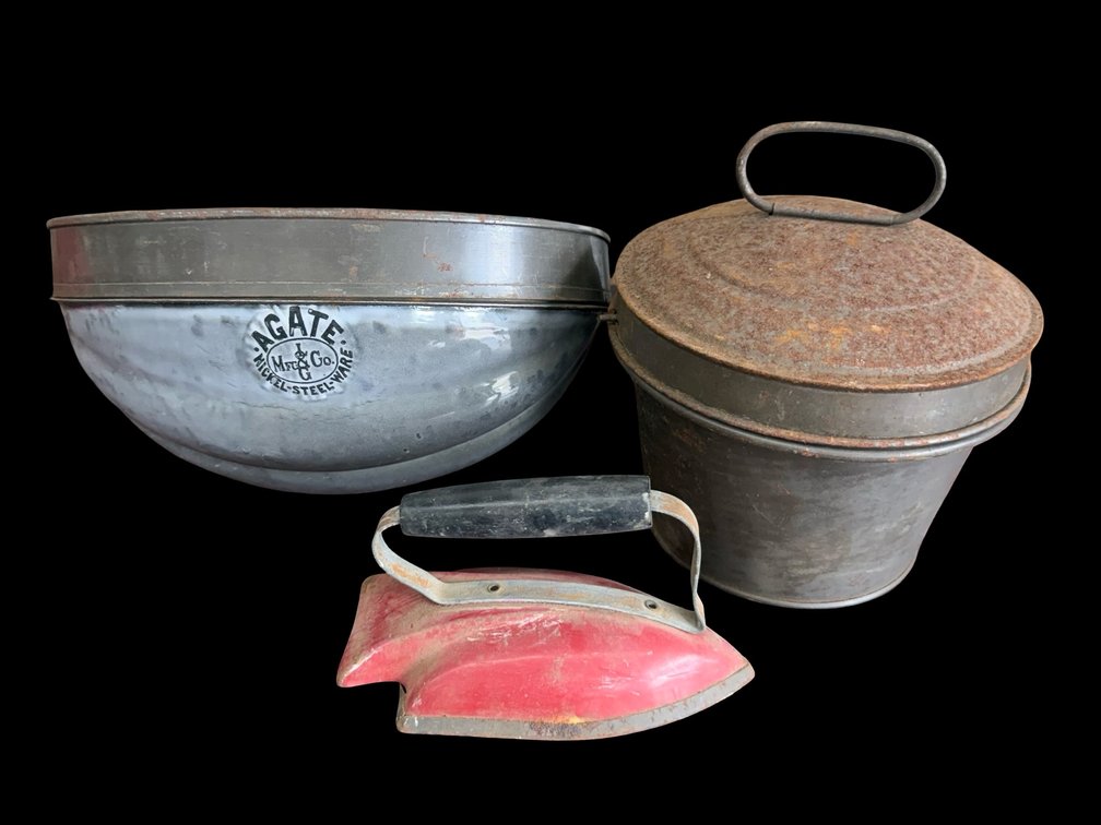 Agate Bowl, Sad Iron & Metalware Lot